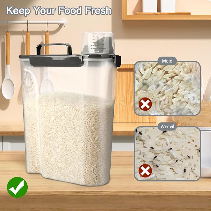 Komzon Rice Storage Containers, Airtight Cereal Containers Storage, BPA Free Rice dispenser for Flour, Pasta, Grain and Baking, Pet Dog Cat Bird Food Container 20lb+ 10lb Grey