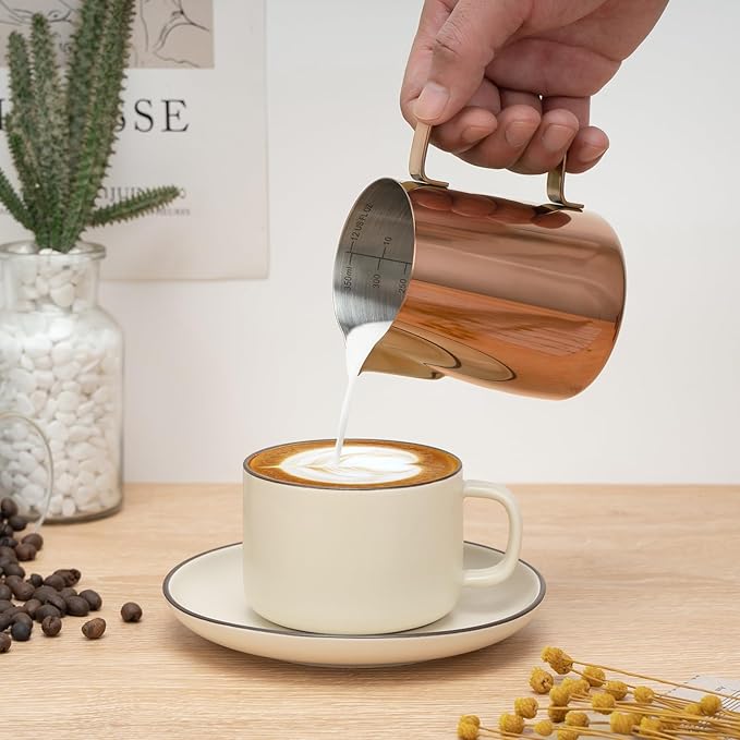 Amrules Milk Frothing Pitcher, 12 oz Milk Frother Cup with Clear Scale, 304 Stainless Steel Cappuccino Espresso Machine Accessories for Barista Coffee Bar with Latte Art Pen, Rose Gold