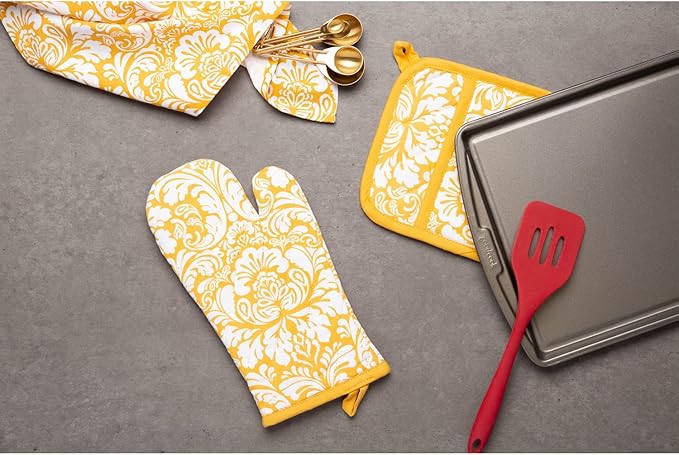 DII Quilted Kitchen Oven Mitt & Potholder Set, Hanging Loop for Convenient Storage, OM 6.5x12/PH 8x8.5, Mustard Damask Print, 2 Piece