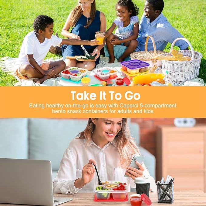 Caperci Original Bento Snack Box Containers for Kids & Adults - Lunchable Food Containers 5 Compartments with 4 Leakproof Small Containers, BPA-Free, Set of 4