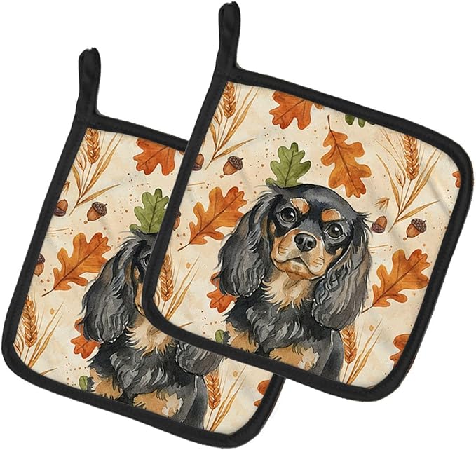 Caroline's Treasures Black and Tan English Toy Spaniel Heirloom Fall Pair of Pot Holders Pair 7.5x7.5 Quilted Insulated Hot Pads Decorative Kitchen Gift Made in USA