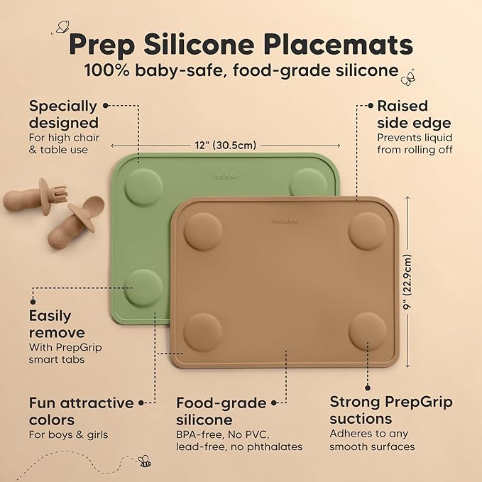 KeaBabies 2pk Silicone Placemats for Toddlers, Kids - 12x9 Non Slip Suction Baby Silicone Placemat for Restaurants, Dining Table,Travel, Easy to Clean, Food Grade/BPA-Free,Small Baby Table Mat(Desert)