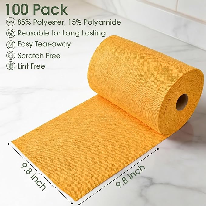 Microfiber Cleaning Cloth Roll–100 Pack, Tear Away Microfiber Towels, Reusable, Washable, Scratch-Free, Kitchen Towels for Car, Home, Kitchen, Glass, Dishes(Tangerine Yellow)