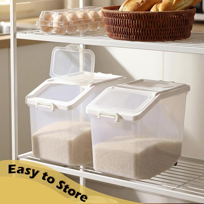 Sunnyray 4 Pcs Rice Storage Container 33.1 lb Airtight Flour Container with Wheels Measuring Cup White Pet Food Dog Cat Birds Food Bin Grain Cereal Organizer Box for Dry Baking Supplies