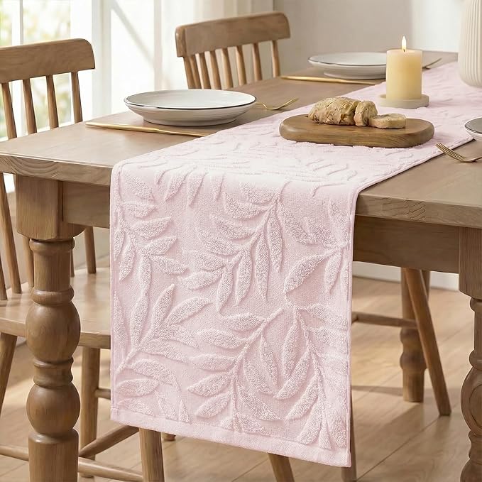 Artoid Mode Pink Soft Cotton Jacquard Leaves Spring Table Runner, Holiday Kitchen Dining Table Decoration for Home Party Decor 13x72 Inch