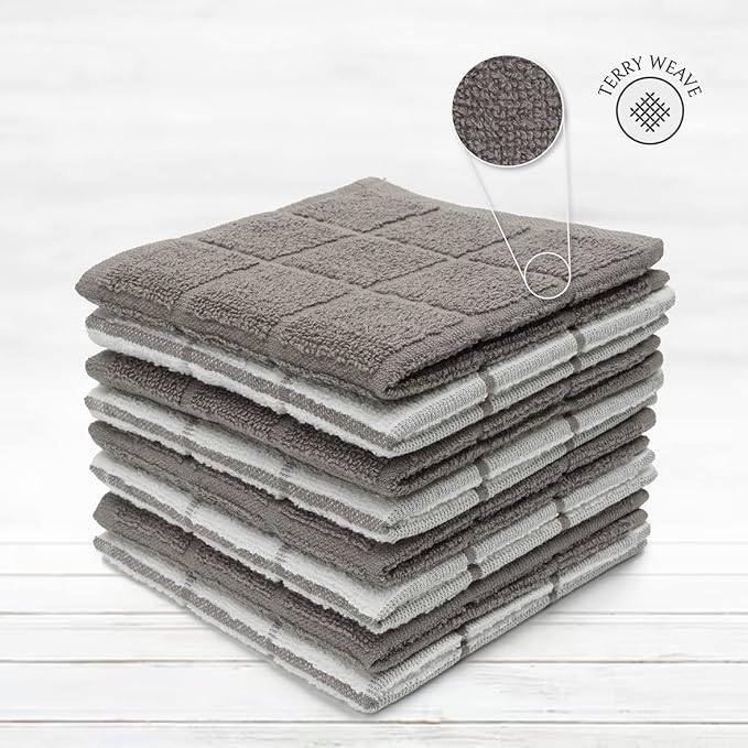 100% Cotton Terry Dish Cloth & Dish Towel, 8 Pack, Super Soft and Absorbent Kitchen Towels, Perfect for Kitchen Cleaning and Dish Washing (Grey (Solid and Checks) 8 Pack)