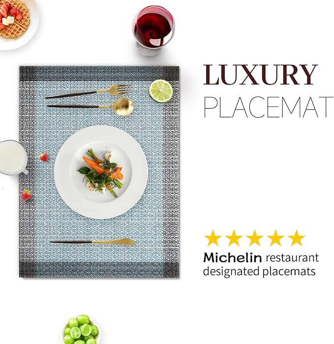 Blue Grey Placemats Set of 4, 12x18 Inch Heat-Resistant Washable Easy to Clean Place Mats, Faux Linen Cloth Table Mats Suitable for Indoor/Outdoor Parties & Kitchen Decor (Blue Grey)