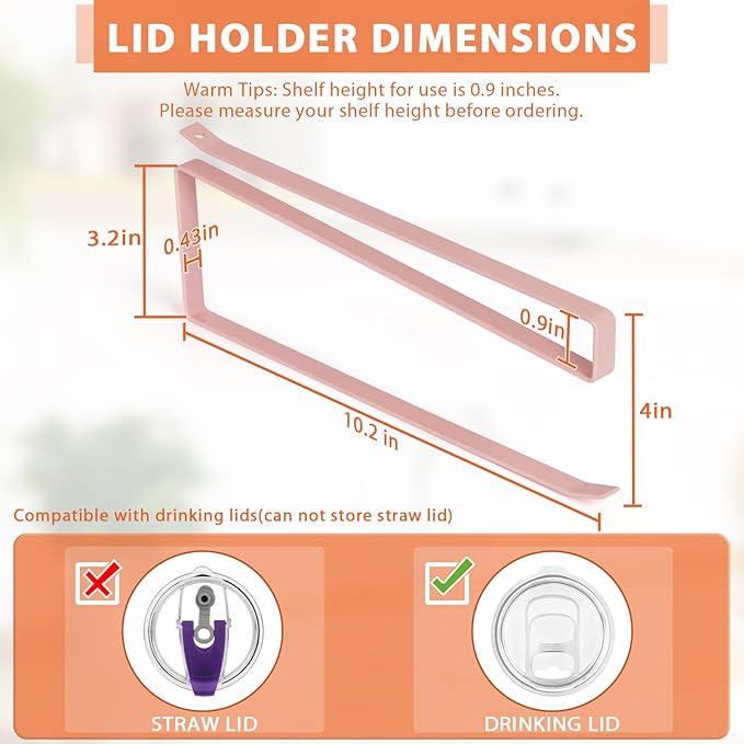 Tumbler Lid Organizer, Horizontal Tumbler Lid Storage Hook Up to 10 Lids, Space Saving Cup Lid Holders Under Cabinet Tumbler Lid Hook for Kitchen Organizer and Storage, Paper Towel Rack Hanger (Pink)