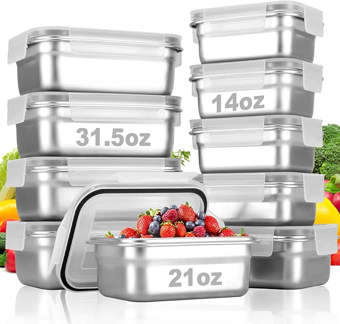 Cykorxicc 10 PC Square 304 Stainless Steel Food Containers with Lids, Airtight Bento Lunch Box, Metal Meal Prep Food Containers Reusable Stackable | Nestable Oven/Dishwsher/Freezer Safe