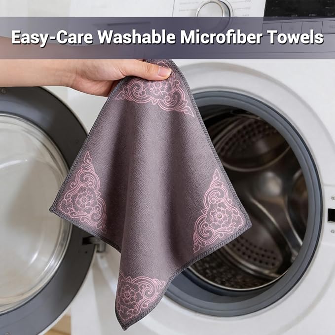YUA Microfiber Cleaning Cloth 12 Pack,Microfiber Towels Cleaning,Microfiber Towels for Cars,Absorbent Dish Washing Cloth,Reusable Cleaning Cloths Lint Free (Gray Corner Flower)