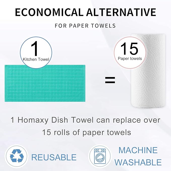 Homaxy 100% Cotton Terry Kitchen Towels(Turquoise, 13 x 28 inches), Checkered Designed, Soft and Super Absorbent Dish Towels, 4 Pack
