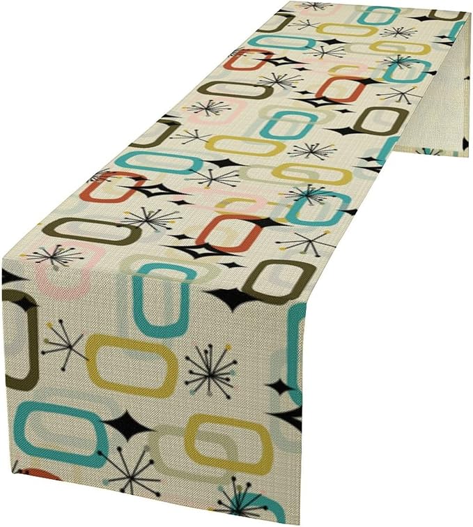 Mid Century Table RunnerRetro Atomic Starbursts Boho Abstract Geometric Art Printed Dinner Runner for Home Kitchen Dining Table Decor Fabric 1 Panel W13xL108in