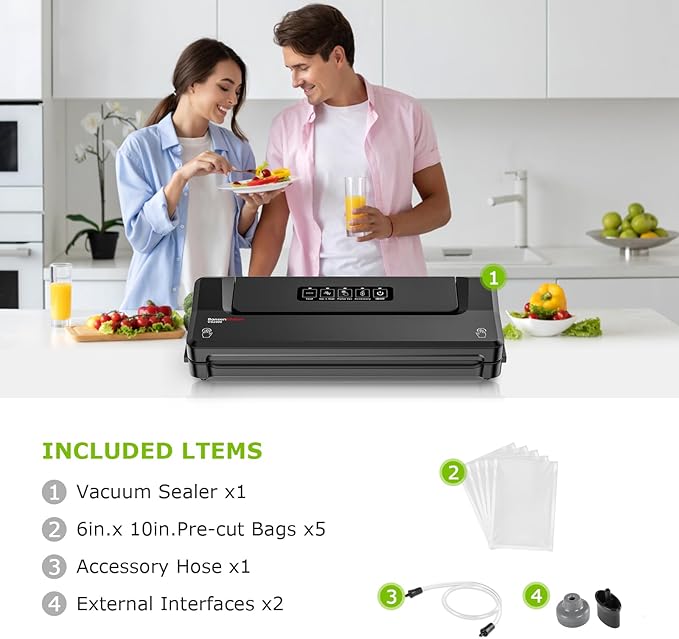Bonsenkitchen Vacuum Sealer Machine | Compact Food Sealer for Kitchen Storage & Meal Prep | Multiple Modes | External Vacuum System | 5 Bags, Black