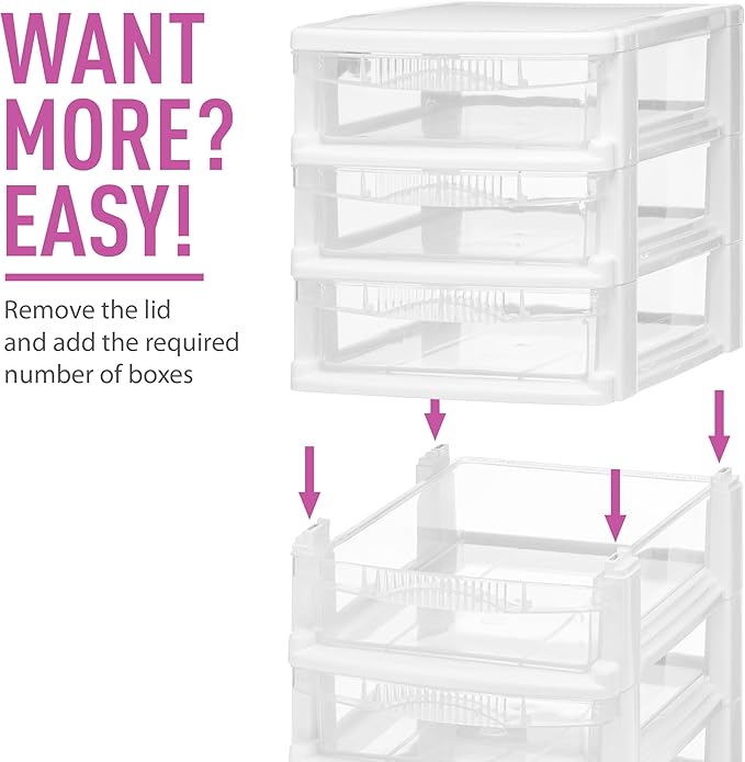 Tribello 3 Drawer Plastic Storage, Mini Drawer Unit, White Frame With Clear Drawers for Craft Storage - 10"L X 7.5"W X 8"H Inches - (2 Pack)
