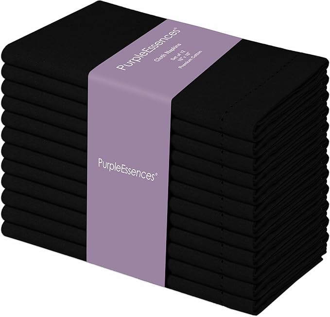 PurpleEssences Set of 12 Hemstitch Cloth Dinner Napkins 100% Cotton - Soft Durable Washable - Ideal for Wedding Spring Easter Summer - Perfect Everyday Use Table Linen 18x18 - Black