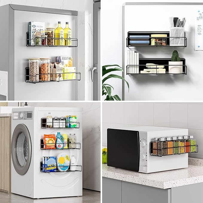 Mystozer 6 Pack Magnetic Spice Rack Organizer, Space Saver for Refrigerator and Whiteboard, Metal Fridge Shelf for Kitchen and Classroom Refrigerator Organizers and Storage Spice Rack Shelf (Black)