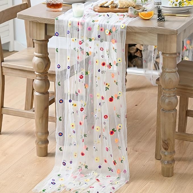 Artoid Mode 3PCS Embroidery Daisy Gauze Table Runner 120 Inch 10FT, Seasonal Sheer Kitchen Dining Holiday Wedding Birthday Table Decor for Home Party