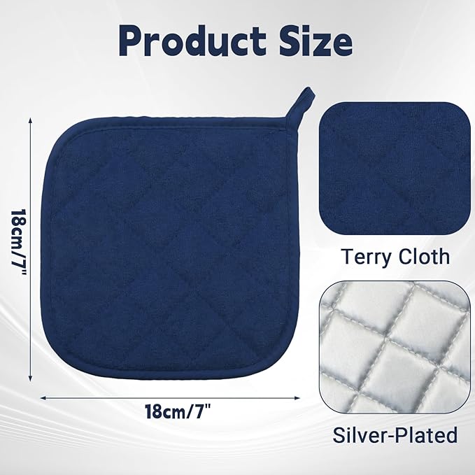 4 Pcs Quilted Pot Holder, Cotton Heat Resistant Hot Pads for Kitchen, Countertops, Oven Pot Holders (Blue)