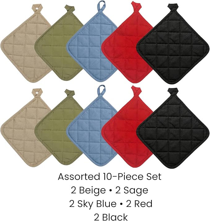 Lobyn Value Packs Economical Lightweight Bulk Potholders Ten (10) Pack Everyday Quality 6.5" Square Perfect for Craft Projects Multi Color