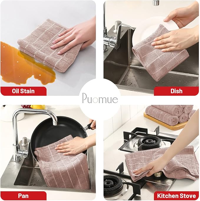 Puomue Microfiber Kitchen Towels and Dishcloths Set, 26 X 18 Inch and 12 X 12 Inch, Set of 12 Bulk Lint Free Dish Towels for Drying Dishes, Camel