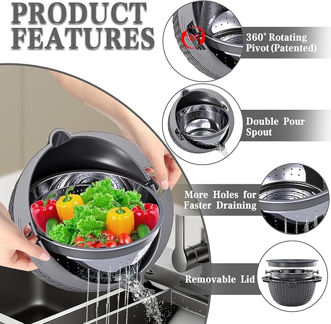 4-1 Colander with Lid Set - Rotatable Strainer With Bowl(Patented), Pasta Strainer with New Upgraded Graters, Strainer And Colanders, Fruit Cleaner, Veggie Wash, Apartment Kitchen Gadgets - Grey