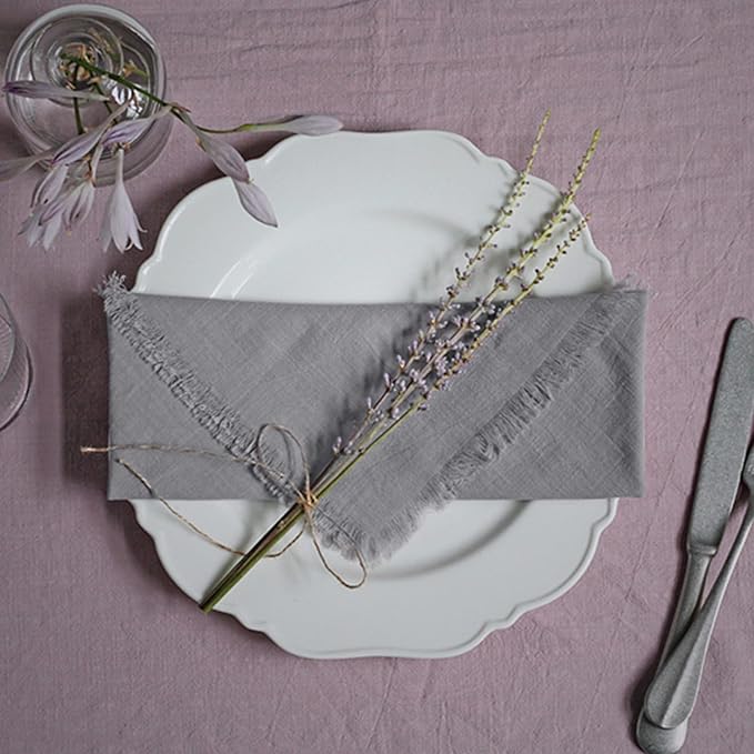 Handmade Cloth Napkins 100% Cotton Napkins with Fringe，Delicate Handmade Cloth Napkins for Dinners, Parties, Weddings and More，18 x 18 Inch Set of 12 - Grey