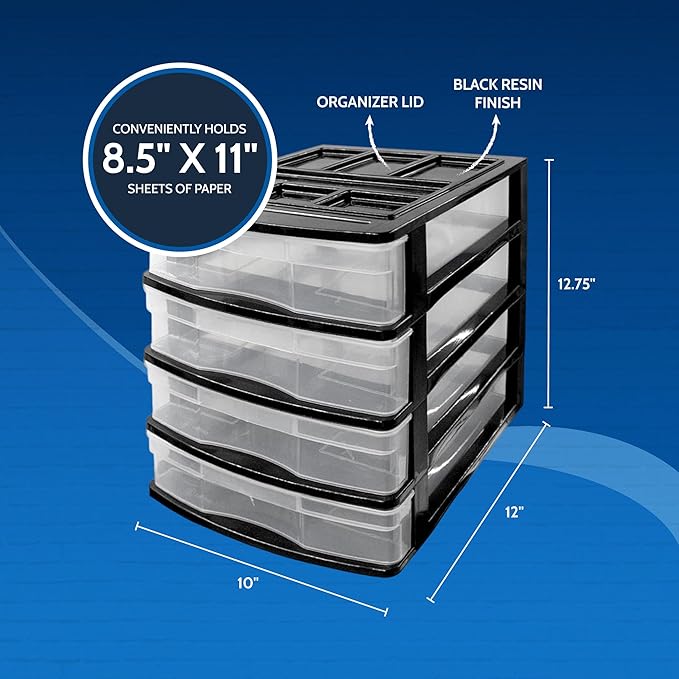 Gracious Living 4-Drawer Desktop and Countertop Storage Organizer Drawer Set, Plastic Office Desk Organizer, Black/Clear