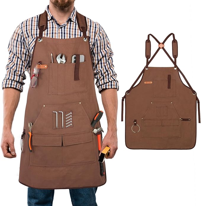 Men's Canvas Tool Apron, Heavy Duty Multi-Pocket Work Apron for Woodworking Gardening Bartender Adjustable Straps