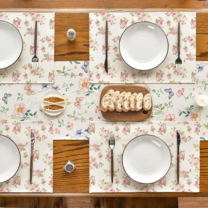 Artoid Mode Floral Rose Spring Placemats Set of 4, 12x18 Inch Seasonal Summer Holiday Pastoral Table Mats for Party Kitchen Dining Decoration