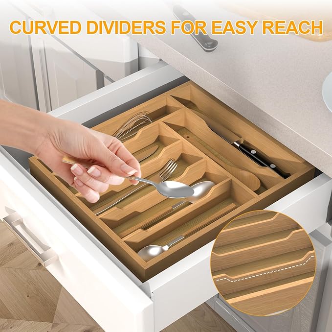 Bamboo Silverware Organizer Drawer Tray, 7-Compartment Utensil Drawer Organizer for Kitchen & Office, Flatware Holder for Forks, Spoons, Cutlery
