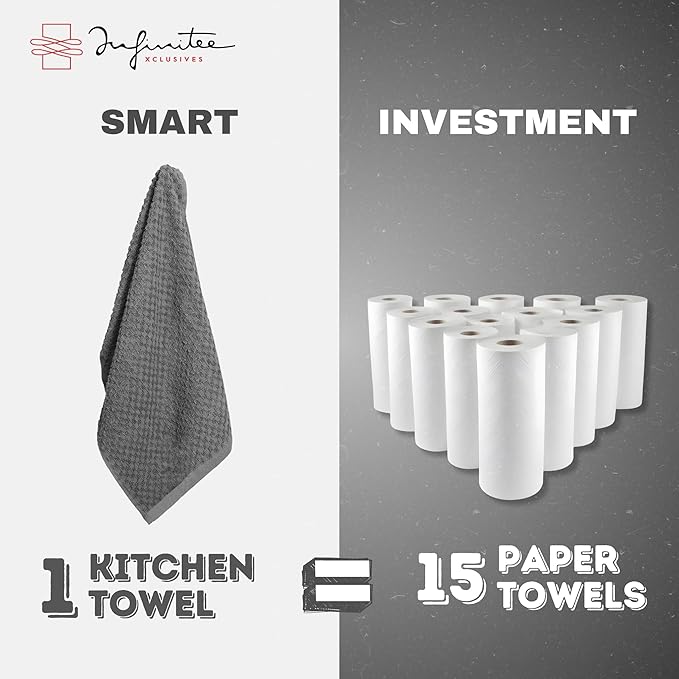 Infinitee Xclusives Premium Kitchen Towels – Pack of 3, 100% Cotton |15 x 25| Inches Absorbent Dish Towels - Terry Kitchen Dishcloth Towels - Grey Dish Cloth for Household Cleaning