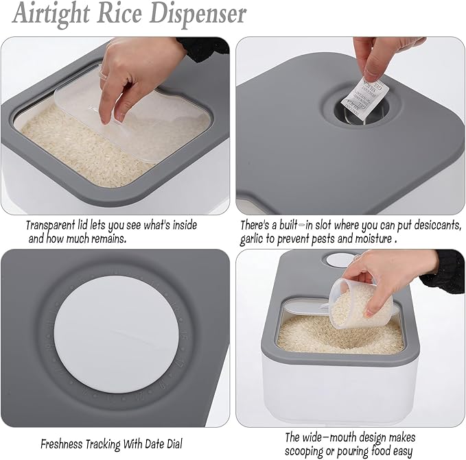 Rice Storage Container Set, 11 Lbs Plastic Airtight Rice Dispenser with Measuring Cup Dry Food Pantry Organizer Storage Bucket Box with Lid Food Container Kitchen Organizer for Grain Cereal