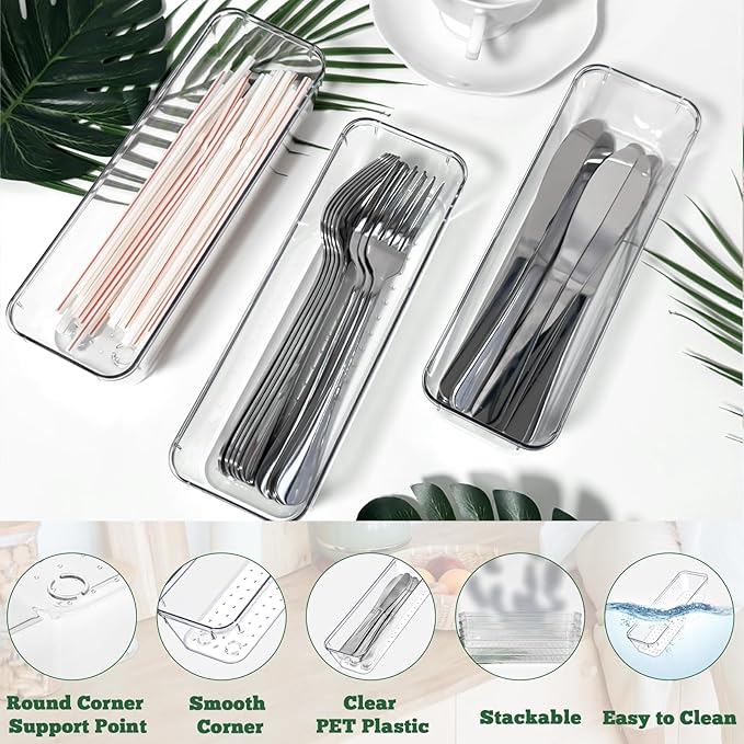 Ysglory 12 Pcs Clear Plastic Drawer Organizer 9 x 3 x 2 Inches Vanity Makeup Drawer Organizer Tray Silverware Utensil Storage Organizers Bins for Kitchen Office Desk Cosmetics and Bathrooms
