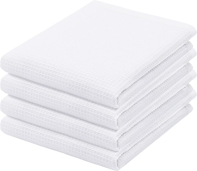 PurpleEssences Waffle Weave Kitchen Towel, 100% Cotton - 15x25 Inches with Hanging Loop, Ultra Soft Absorbent Quick Drying Dish Cloth, Tea and Hand Towels, 4 Pack - Spring Easter Summer - White