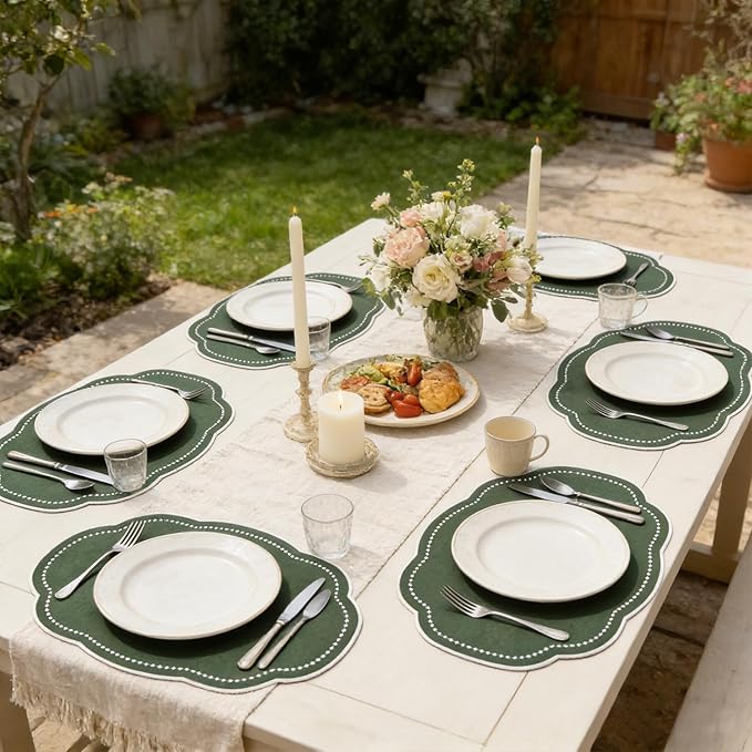 Cotton Linen Placemats Set of 4 - Double Layered, Luxury Scalloped Embroidered Cloth Table mats - Holidays, Christmas, Washable Mat, 16 x 13 inch (Green)