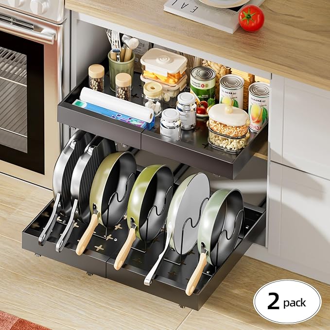 Delamu 16" Deep Pull Out Cabinet Organizer with 6 Dividers, Expandable (11.7 "-20" W) Pull Out Drawers for Cabinets, Cabinet Trays Pull Out for Cabinets in Kitchen, Pantry or Bathroom, Black, 2 Pack