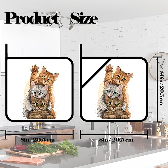 Three Cute Cats Pot Holders Set of 2,Kitchen Heat Resistant Potholders for Microwave Cooking Baking Oven and BBQ Gifts for Women