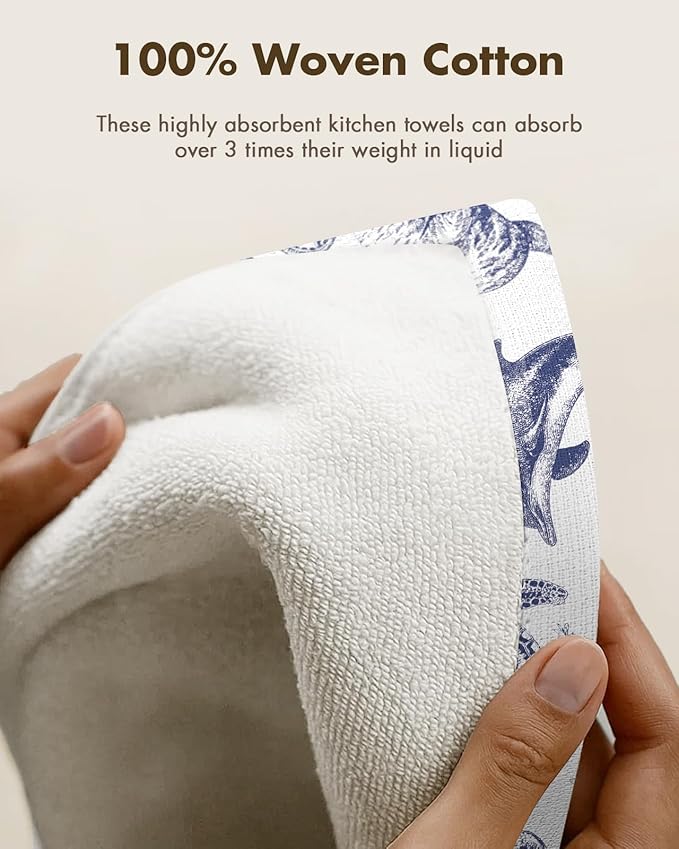 Miss Adola Cotton Kitchen Towels Set of 2 - Cute Design 16×26 Inch Dish Towels for Kitchen with Hanging Loop Ocean Quick Dry Hand Towels Soft & Absorbent, Home Decorative, Terry Cloth Tea Towels
