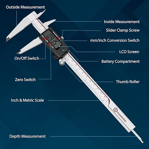 Housolution Digital Caliper 8 Inch, Caliper Measuring Tool with Large LCD Screen, 4 Measuring Ways, Inch/MM, Auto-Off LCD Stainless Steel Micrometer Vernier Caliper