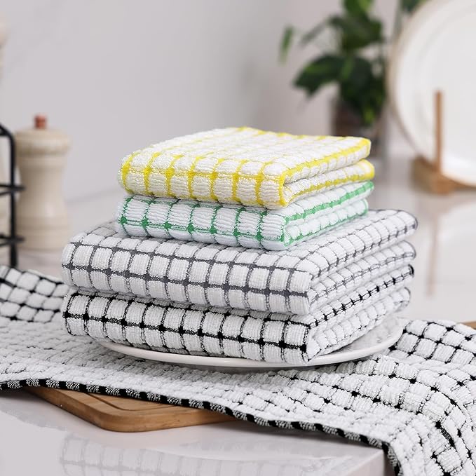 Homaxy Kitchen Towels and Dishcloths Set, 16 x 25 and 12 x 12 Inches, Set of 8 Cotton Terry Kitchen Dish Towels, Super Soft and Absorbent Dish Cloths, Black/Grey/Yellow/Green