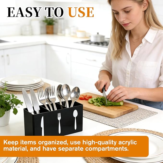 Utensil Caddy Plastic Utensil Organizer Plastic Ware Holder Acrylic Utensil-Holder Kitchen 3 Section Tableware Storage Box Perfect for Office Bedroom Kitchen Bathroom Storage (2.56 x 3.54 x 7.09 in)