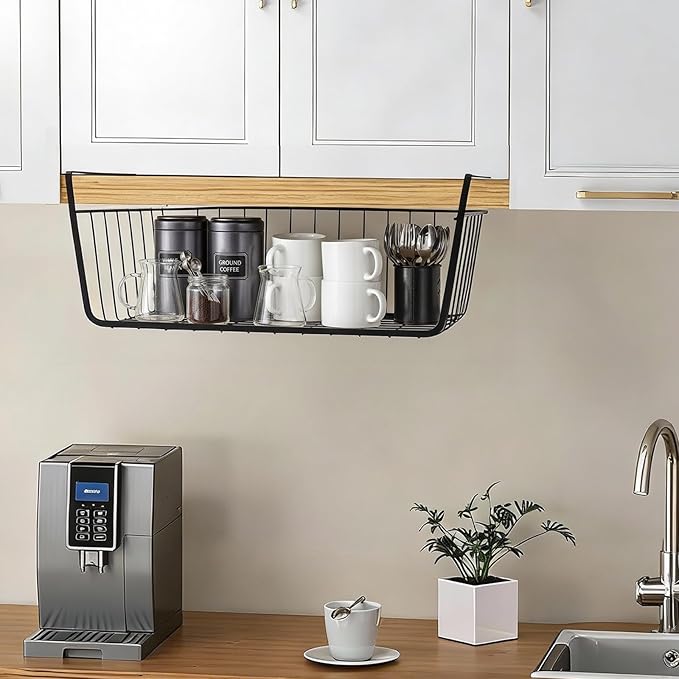 Undershelf Wire Storage Basket, Household Metal Hanging Bin Slides for Space Saving for Kitchen Pantry Bookshelf (Small, 2 PCS)