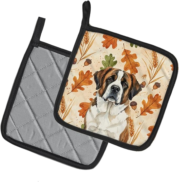 Caroline's Treasures Brindle and White Saint Bernard Heirloom Fall Pair of Pot Holders Pair 7.5x7.5 Quilted Insulated Hot Pads Decorative Kitchen Gift Made in USA