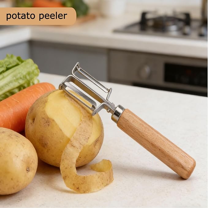 Vegetable Peeler, Stainless Steel Dual Blade Potato Peeler with Beech Wood Handle, Fruit Peeler for Carrot, Apple, Potato, Kitchen Peeler Tool for Vegetable and Fruit