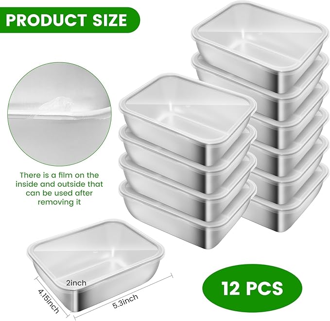12 Pcs Airtight Stainless Steel Food Storage Containers with Lids, 25 Oz (5.3x4.15x2 Inch), Oven, Microwave & Dishwasher Safe, BPA-Free, Leak-Resistant, Stackable Meal Prep Containers Set