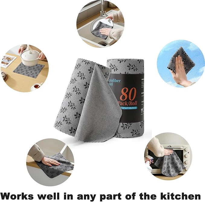 Microfiber Cleaning Cloth Roll,80 Pack Cleaning Towels,Lint Free Rags Paper Towels & Tear Away Reusable Towels,Washable Shop Rags Floral Wipe Cloth,Wash Cloths Dish Rags for Car Kitchen Window