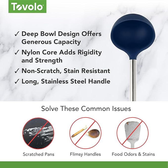 Tovolo Silicone Ladle With Stainless Steel Handle Deep Soup Ladle for Cooking Canning Serving Soup Punch Stew Sauce, Large Kitchen Utensil Spoon Dishwasher Safe BPA Free Silicone Deep Indigo