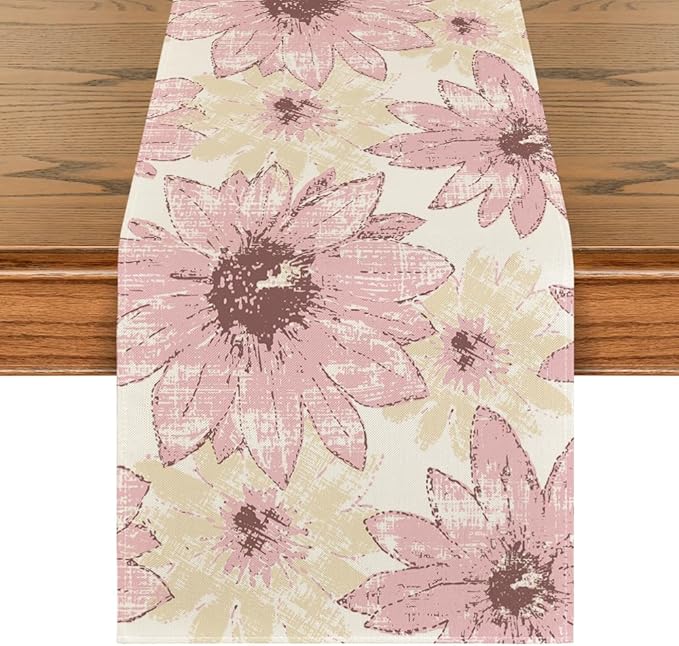 Artoid Mode Pink Retro Daisy Spring Table Runner, Seasonal Vintage Kitchen Dining Table Decoration for Home Party Decor 13x72 Inch