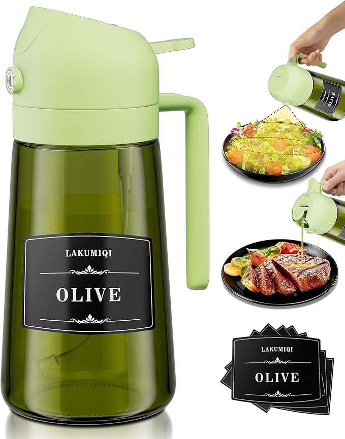 LAKUMIQI 2 in 1 Oil Sprayer for Cooking, 16oz Olive Oil Dispenser Bottle for Kitchen, Food Grade Light-Blocking Leak Proof Glass Spray Bottle for Salad, Air Fryer, BBQ