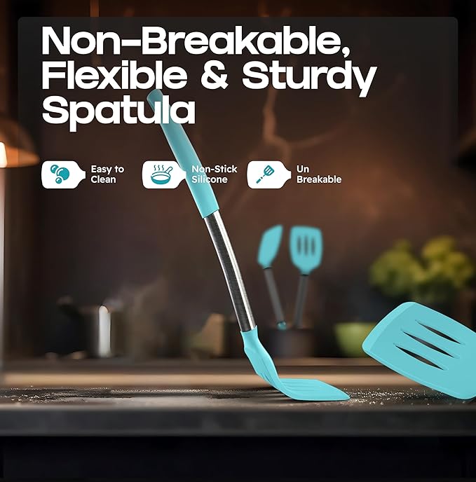 BakeRoyal Silicone Spatula Set - Turner Spatulas Silicone Heat Resistant 600°F - Slotted & Solid Spatula for Cooking Fish, Eggs, Pancakes Flipper – Spatulas for kitchen use – Aqua